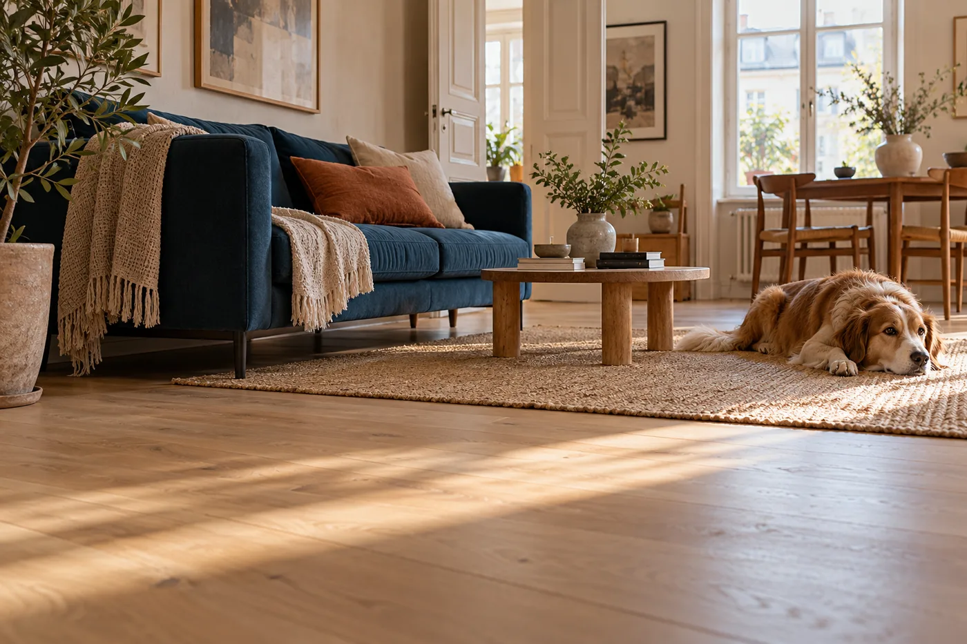 Ambiance de salon avec sol en bois, canapé et chien sur un tapis