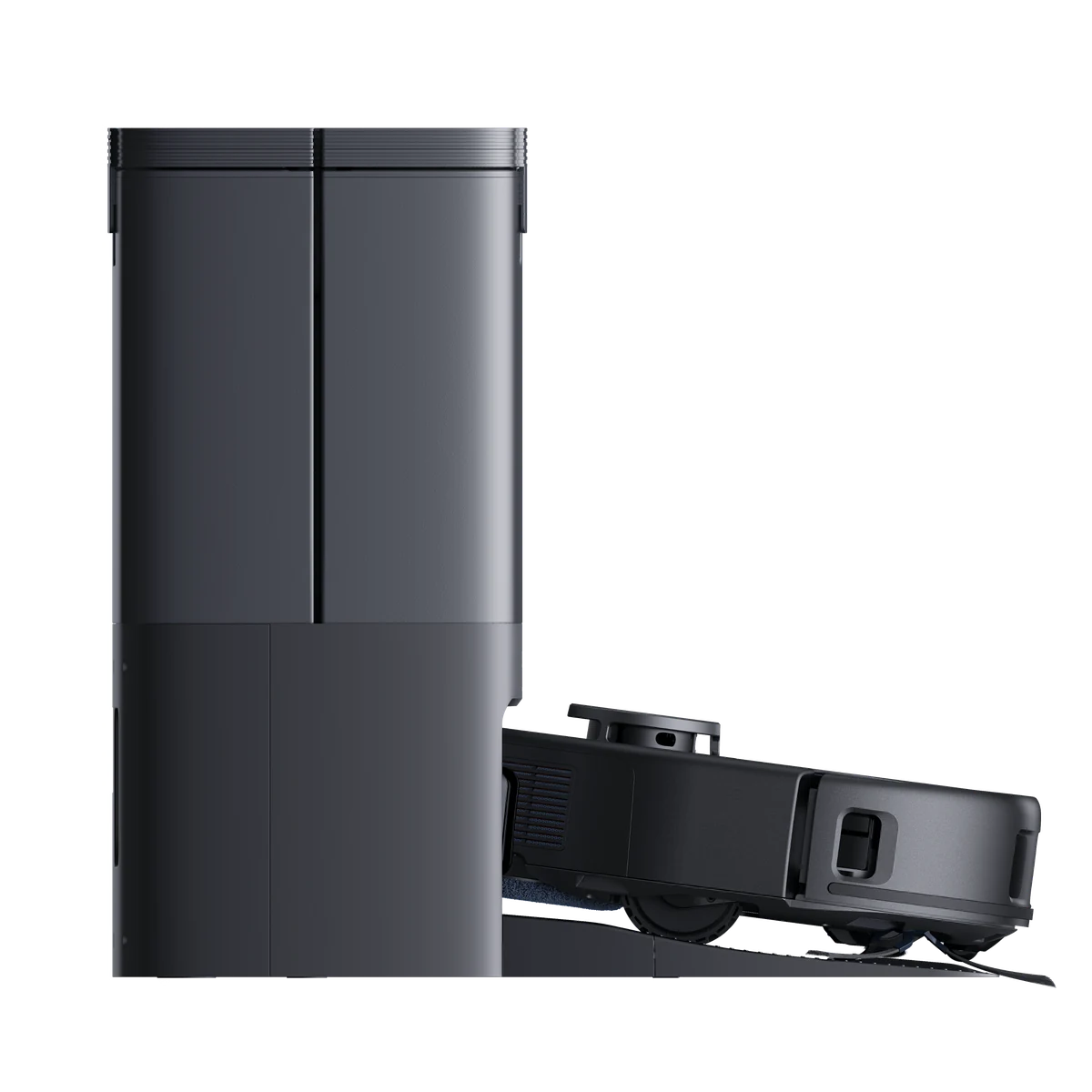 eufy X10 Pro Omni noir T2351G11 et sa station vus de côté.