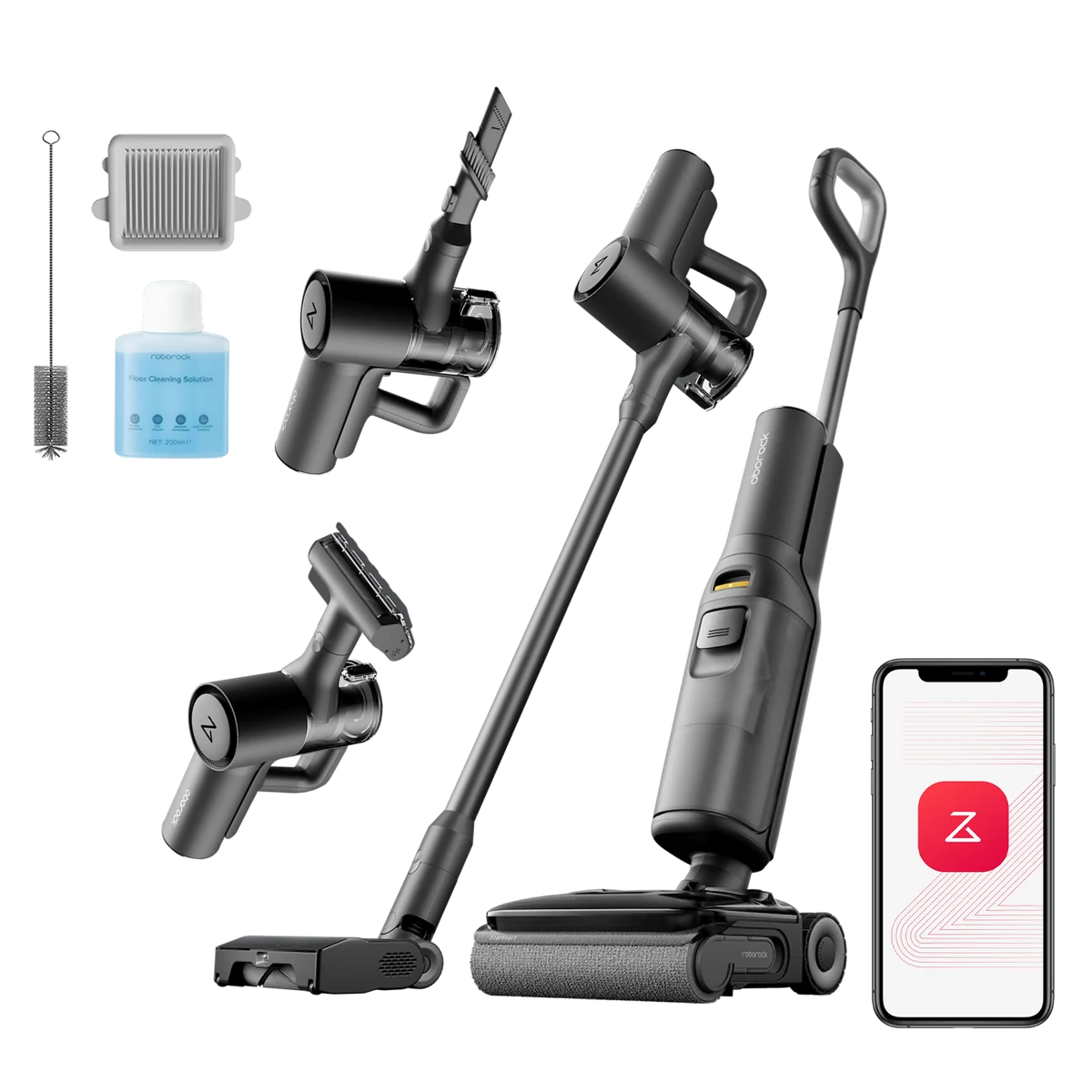 Roborock F25 ACE Combo présenté avec ses configurations aspirateur laveur et aspirateur balai, ses accessoires et un téléphone illustrant l’application.