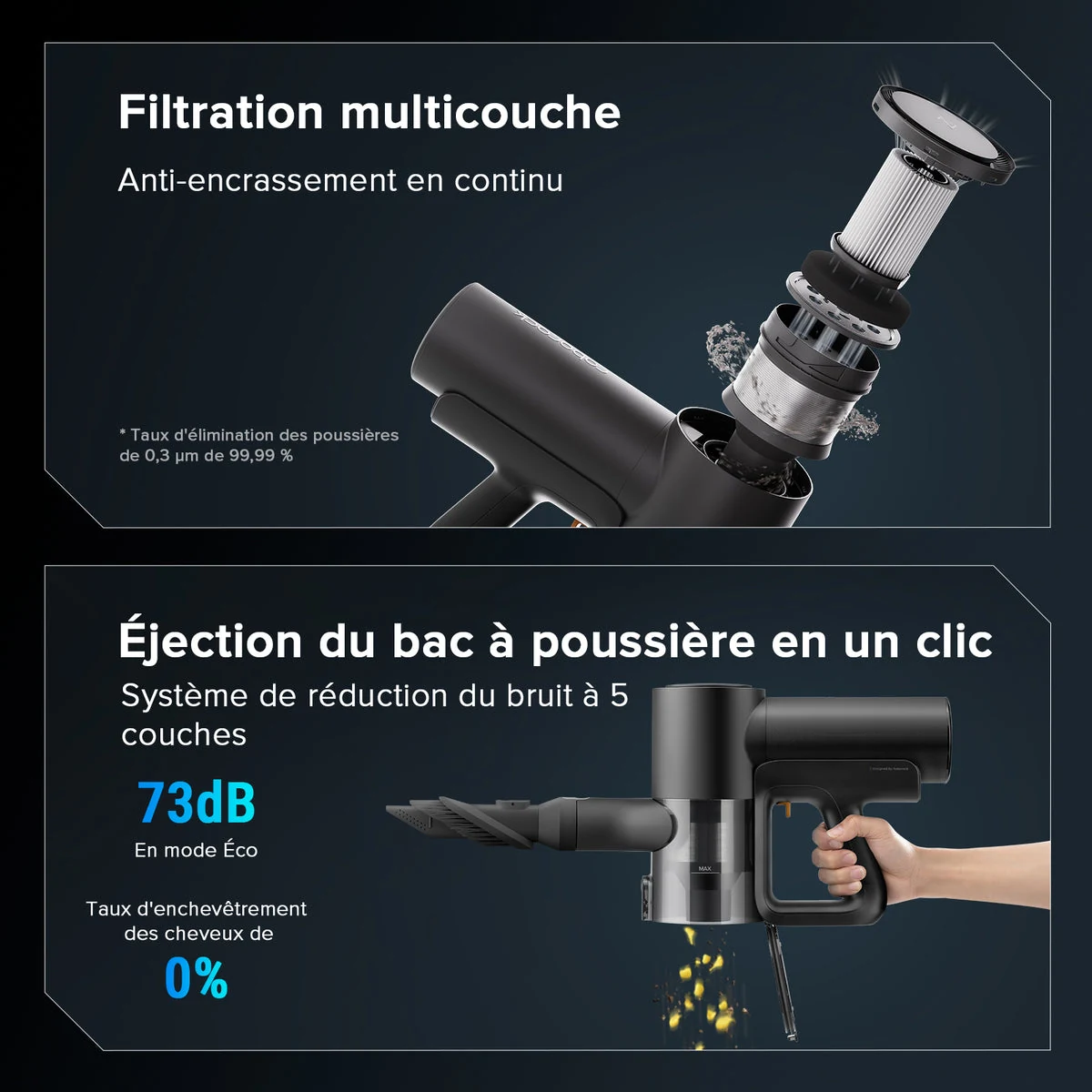 Schéma du filtre et illustration de la vidange du bac à poussière de la partie aspirateur du Roborock F25 ACE Combo.