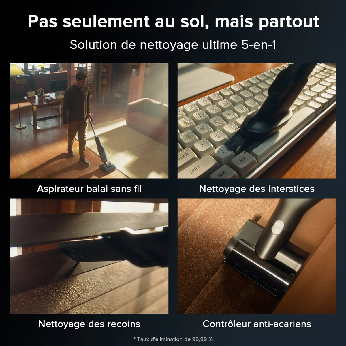 Montage Roborock F25 ACE Combo en usage sur un sol, un clavier, un angle et un meuble textile.