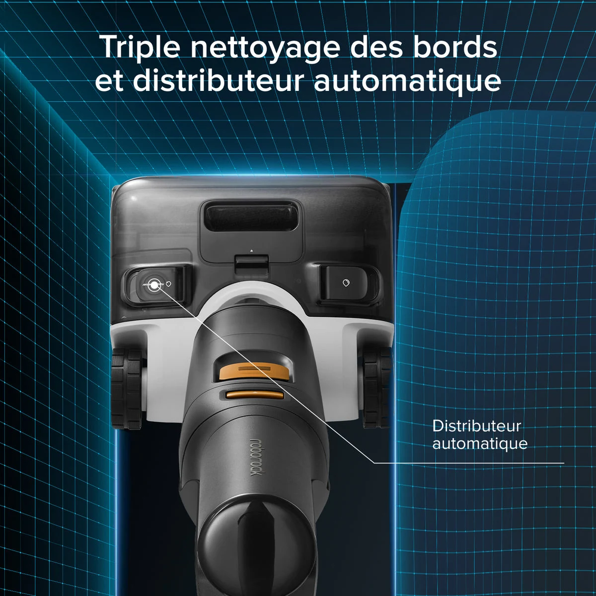 Vue de dessus de la tête du Roborock F25 XT, avec repère du distributeur automatique.