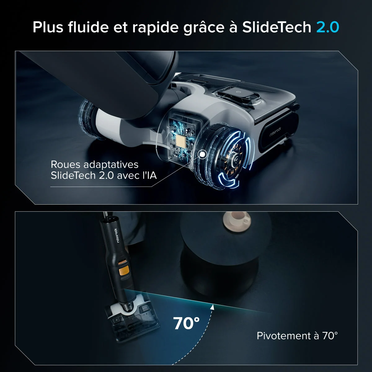 Illustration des roues et du pivotement de la tête du Roborock F25 XT près d’un pied de meuble.