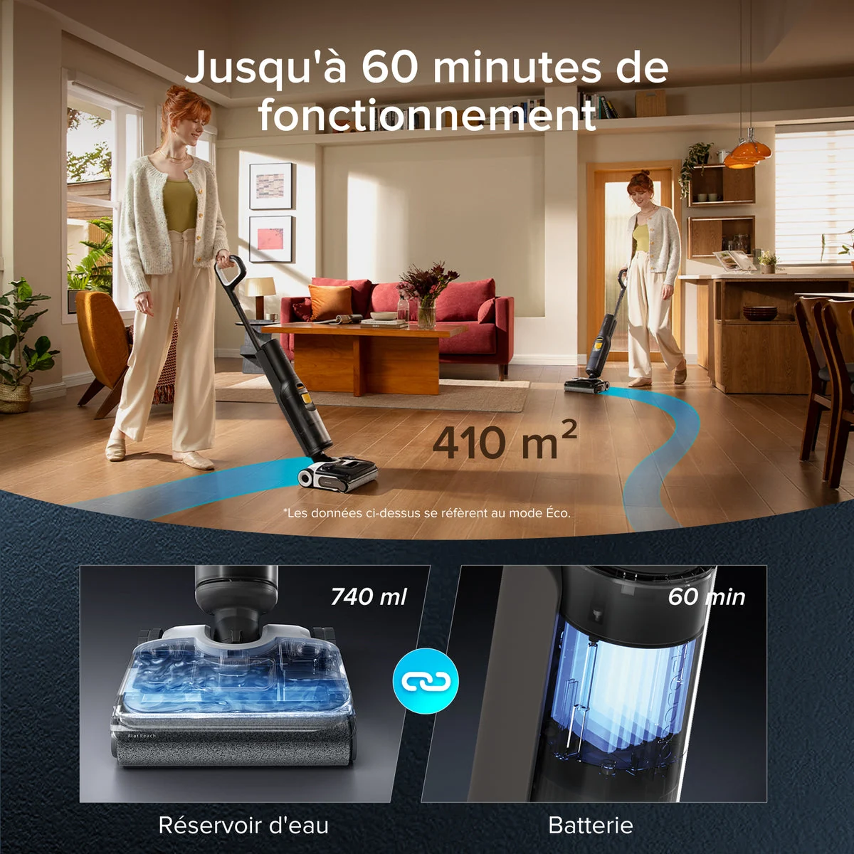 Roborock F25 XT utilisé dans un salon ouvert sur une cuisine, avec encarts fabricant sur la batterie et le réservoir.