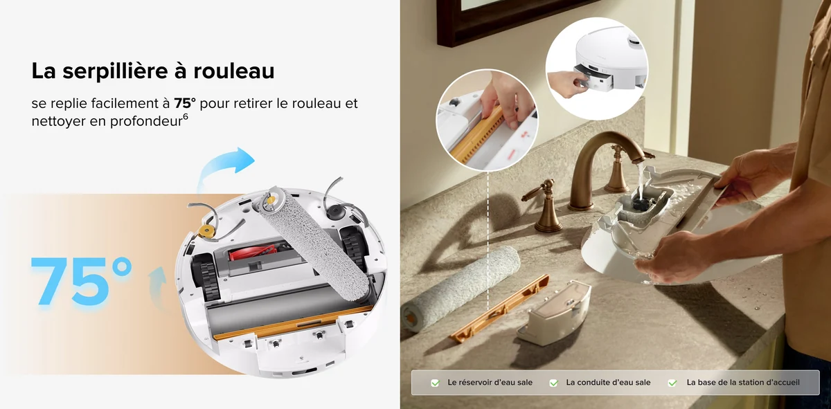 Illustration du rouleau relevé du Roborock Qrevo Curv 2 Flow et de son nettoyage à la main près d’un évier.