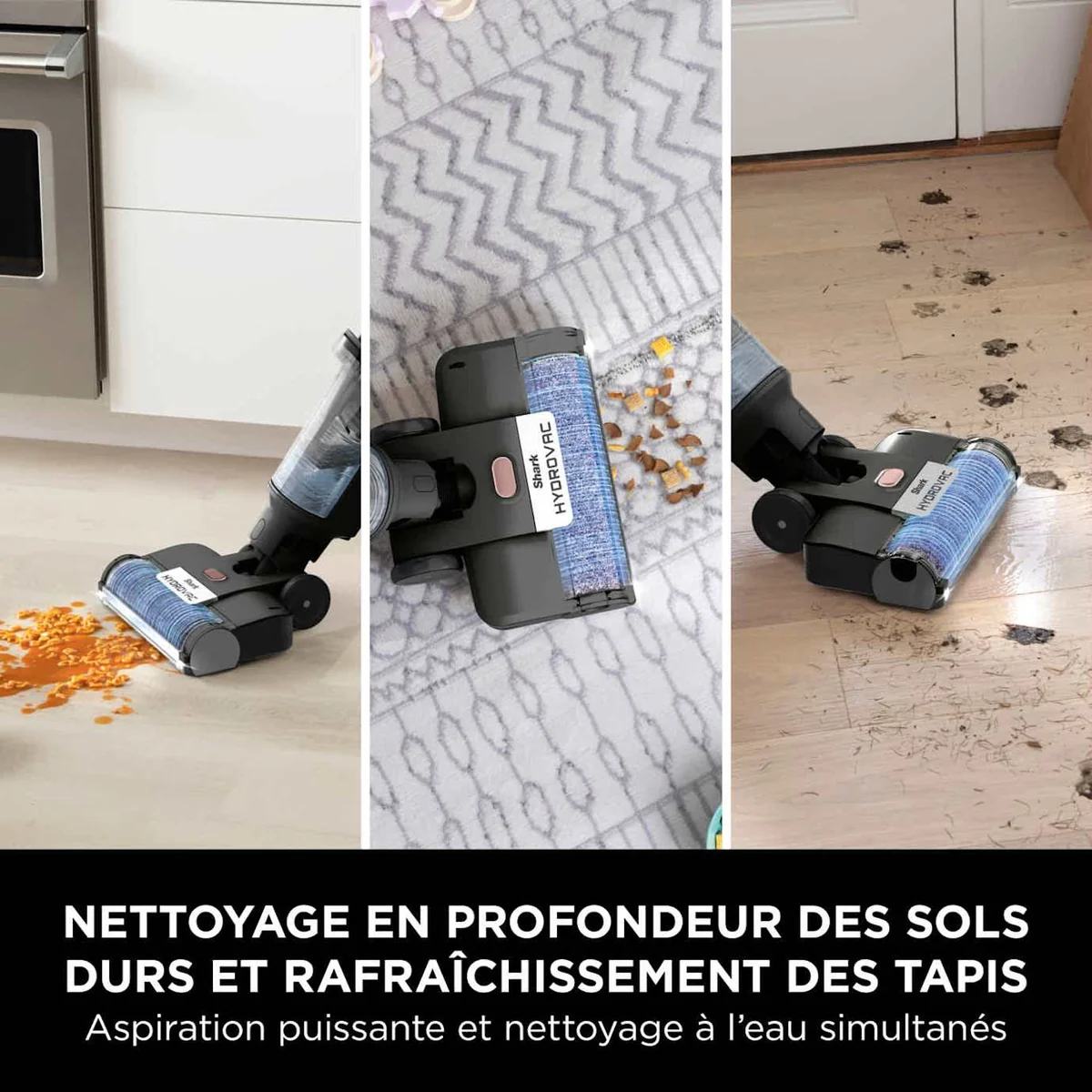Montage Shark HydroVac WD210EU sur des surfaces différentes, dont un tapis, avec texte promotionnel du fabricant.
